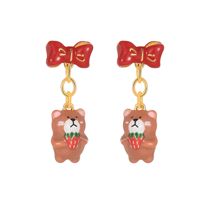 18K Sweet Simple Strawberry Cute Bear French Enamel  Earrings
