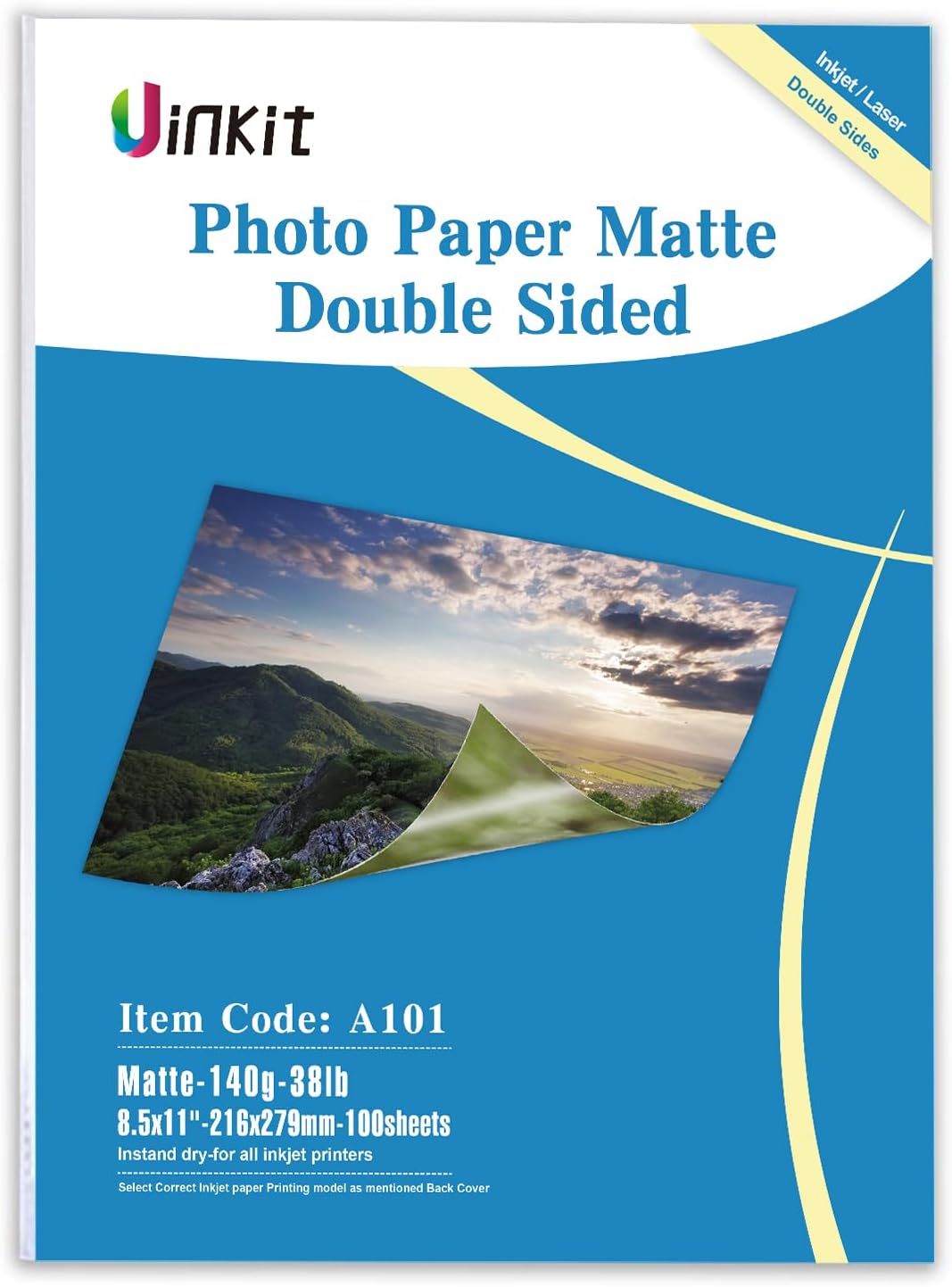 Uinkit Double Sided Matte Presentation Paper Photo 8.5x11 100Sheets 37lb 130gsm Dye Ink Inkjet Printer A101