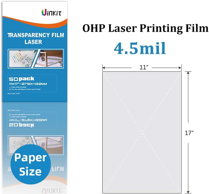 Uinkit Laser Transparency Film OHP  11x17 Inches 50 Pack Acetate Sheets Clear Overhead Projector for Laserjet Printers A147