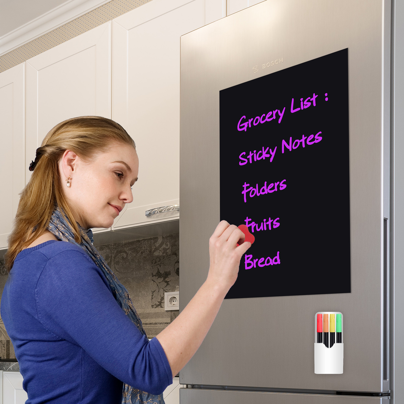 Uinkit Magnetic Black Dry Erase Board Sheet for Refrigerator, Blackboard Organizer and Planner for Fridge Includes Markers, Magnetic Pen Holder, and Eraser for Family, Kitchen