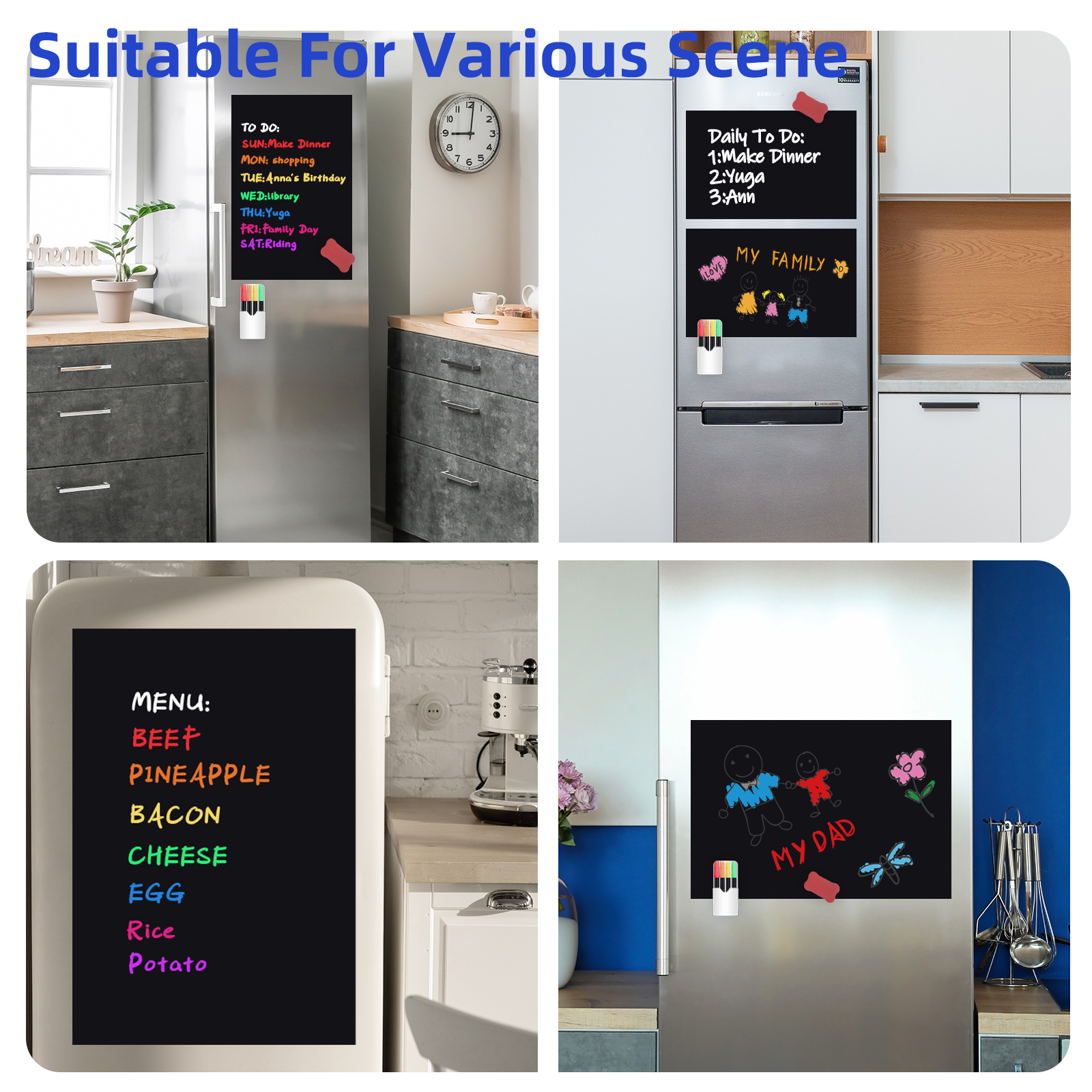 Uinkit Magnetic Black Dry Erase Board Sheet for Refrigerator, Blackboard Organizer and Planner for Fridge Includes Markers, Magnetic Pen Holder, and Eraser for Family, Kitchen