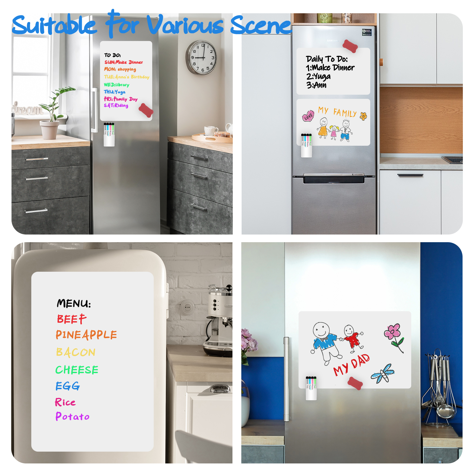 Uinkit Magnetic Black Dry Erase Board Sheet for Refrigerator, Blackboard Organizer and Planner for Fridge Includes Markers, Magnetic Pen Holder, and Eraser for Family, Kitchen