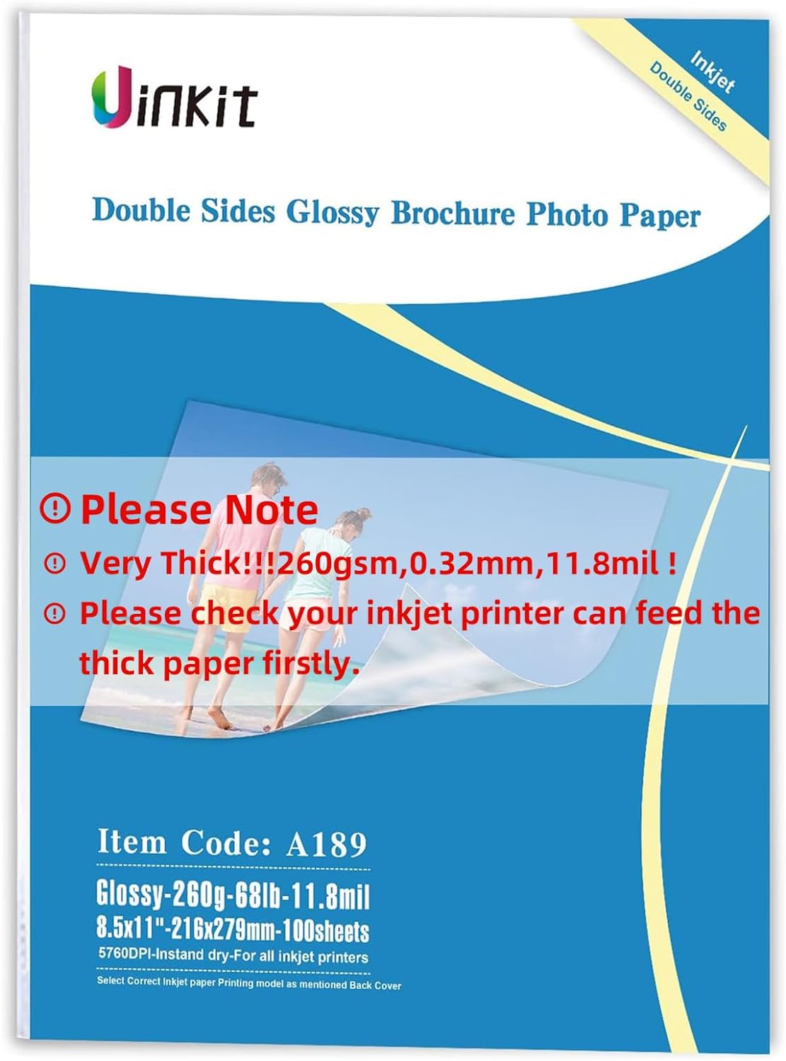 Double Sided Thick Photo Paper Glossy 100 Sheets 8.5x11  68lb 260gsm Inkjet  Uinkit A189