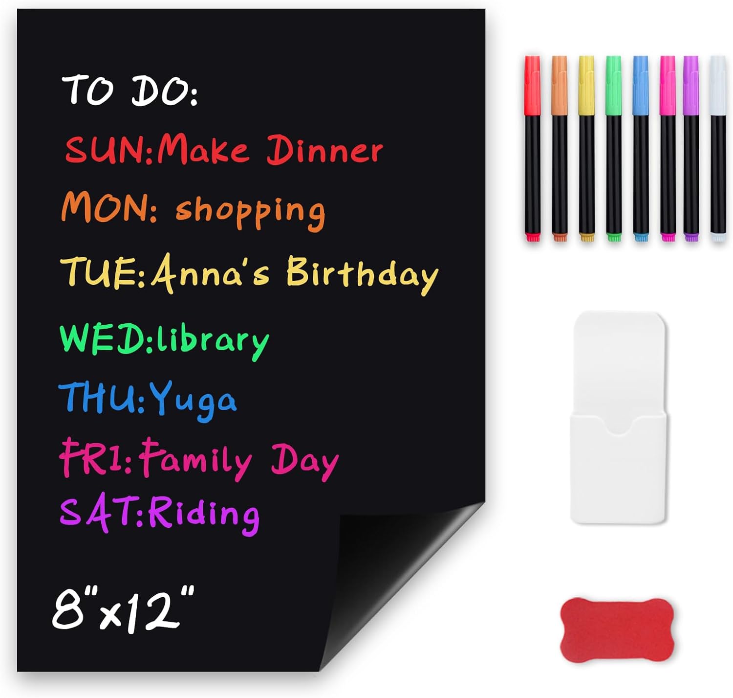 Uinkit Magnetic Black Dry Erase Board Sheet for Refrigerator 12''x8'' Small Blackboard Organizer and Planner for Fridge Includes 8 Markers, 1 Magnetic Pen Holder, and 1 Eraser for Family, Kitchen