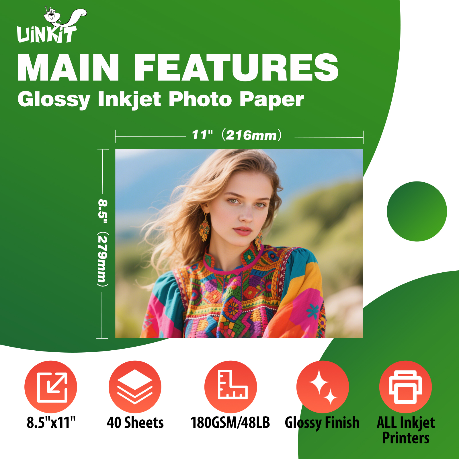 Uinkit 48lb Glossy Inkjet Photo Paper, 8.5x11, 40 Sheets, 180gsm Bright white, single-sided, instant-dry paper for photos, reports, flyers, presentations, home crafts, and small print runs.