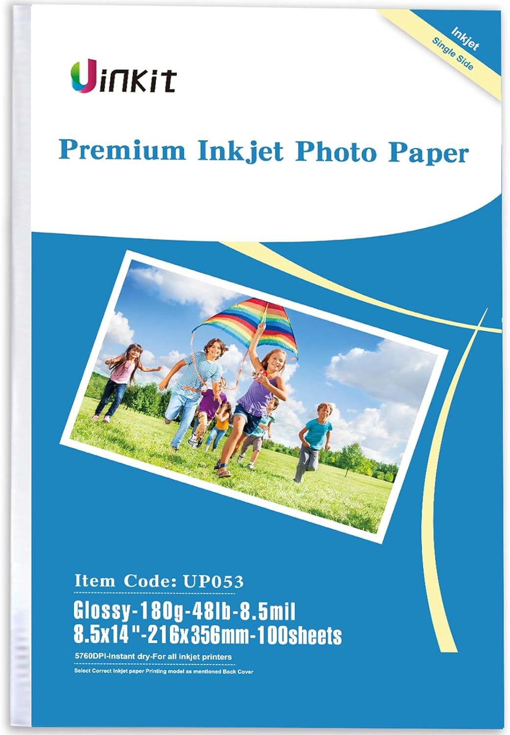 Uinkit  Glossy Inkjet Photo Paper 8.5X14 Inches 48lb 100 Sheets Professional Glossy Photographic Paper Compatible with Inkjet Printer Use DYE INK 180gsm Legal Size UP053