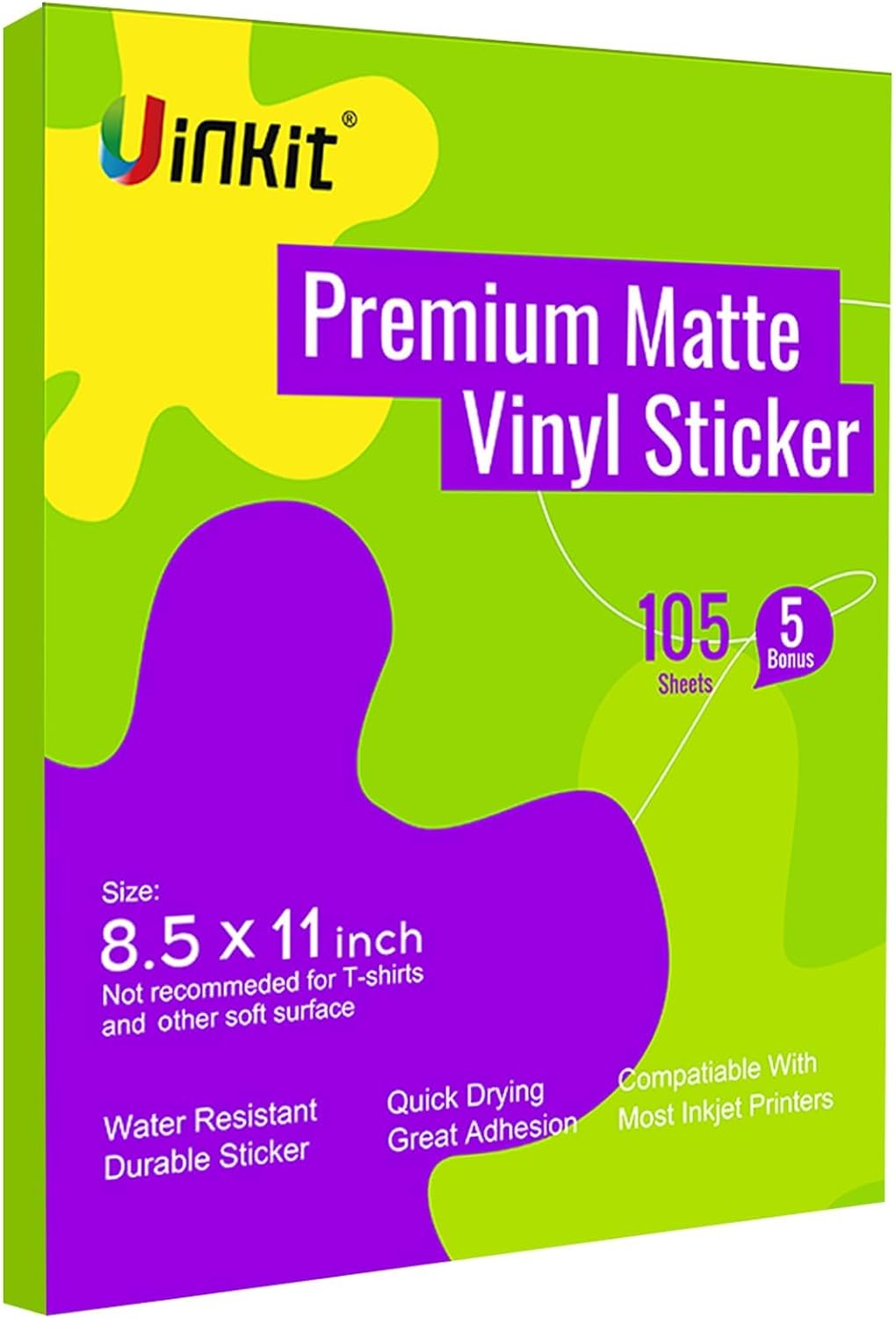 Uinkit 105 Sheets Printable Premium Matte White Vinyl Sticker Paper for Inkjet Printer, 8.5x11 Inches, Self-Adhesive, Waterproof, Work well with Cutting Machine US038