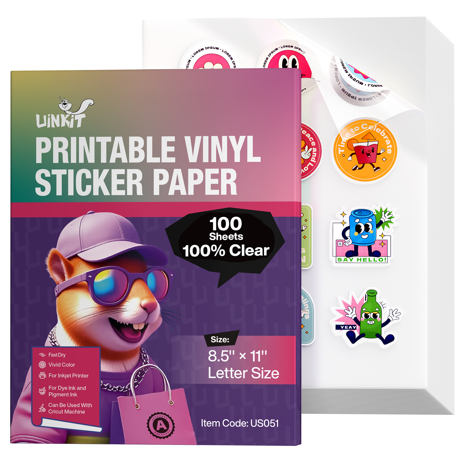 Uinkit 100% Clear Printable Vinyl Sticker Paper Letter Size 8.5"x11" Vivid Colors, Self-Adhesive 15 Sheets Labels for Product Packaging, Glass Jars & Custom DIY Sticker