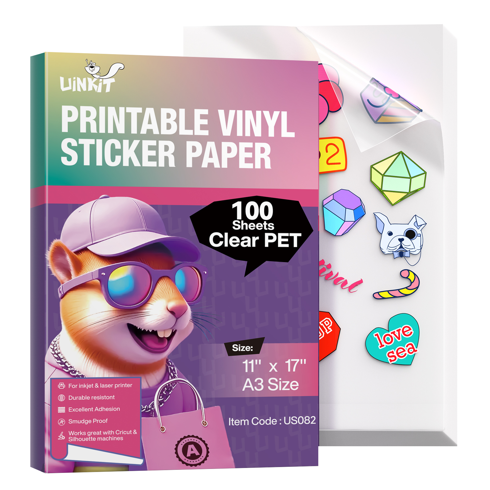 Uinkit 100% Clear Printable Vinyl Sticker Paper Letter Size 8.5"x11" Vivid Colors, Self-Adhesive Labels for Product Packaging, Glass Jars & Custom DIY Sticker