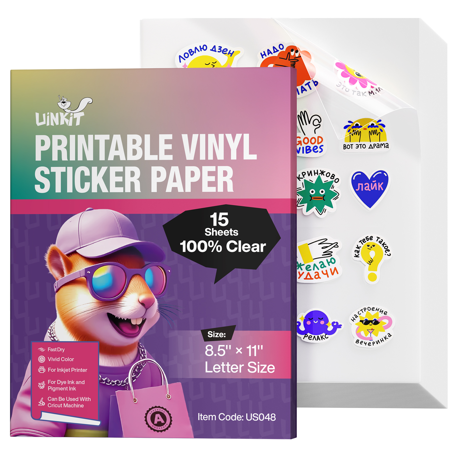 Uinkit 100% Clear Printable Vinyl Sticker Paper Letter Size 8.5"x11" Vivid Colors, Self-Adhesive 30 Sheets Labels for Product Packaging, Glass Jars & Custom DIY Sticker