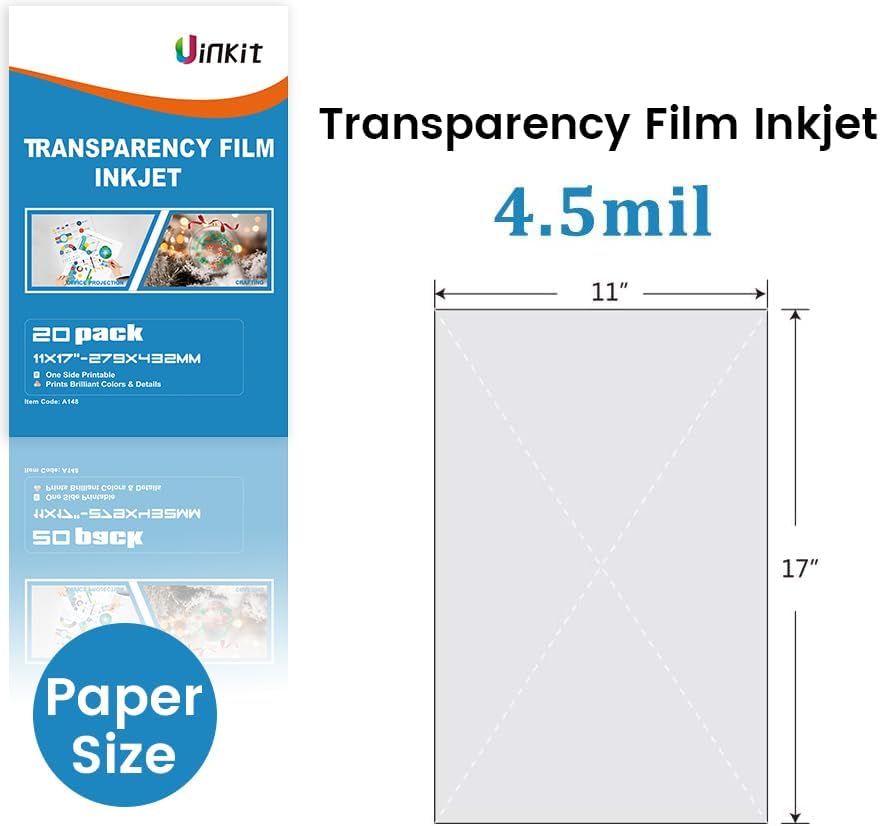 Uinkit Inkjet Transparency Film 11x17"  20 Sheets OHP Overhead Projector Transparent Paper Only for Dye Ink Printing A148