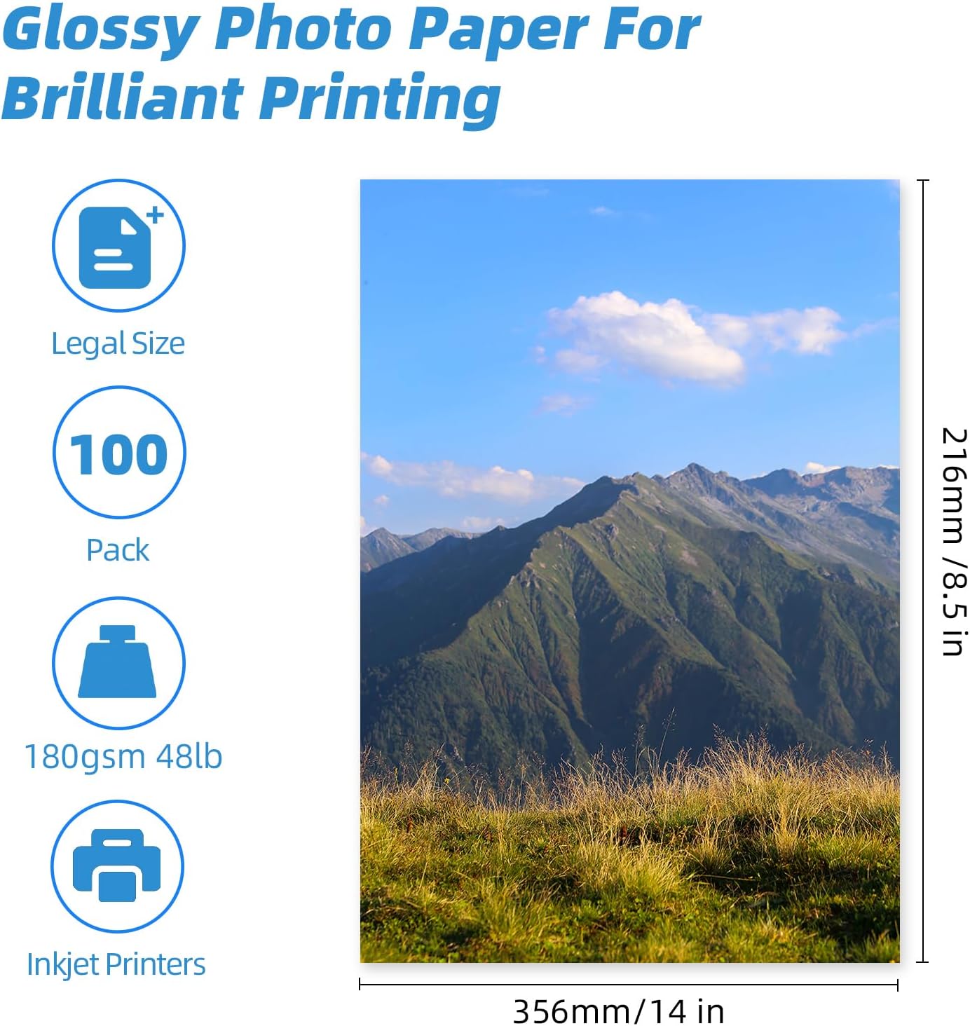 Uinkit  Glossy Inkjet Photo Paper 8.5X14 Inches 48lb 100 Sheets Professional Glossy Photographic Paper Compatible with Inkjet Printer Use DYE INK 180gsm Legal Size UP053