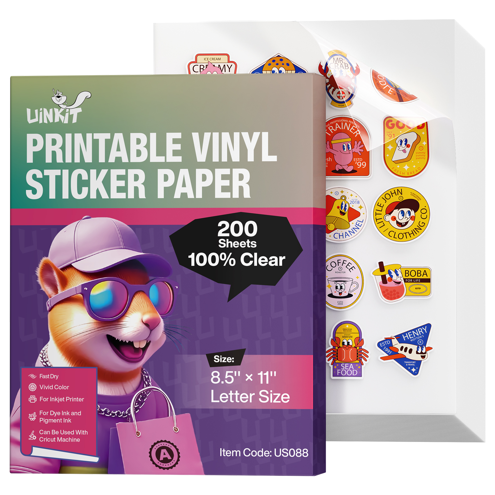 Uinkit 100% Clear Printable Vinyl Sticker Paper Letter Size 8.5"x11" Vivid Colors, Self-Adhesive 15 Sheets Labels for Product Packaging, Glass Jars & Custom DIY Sticker