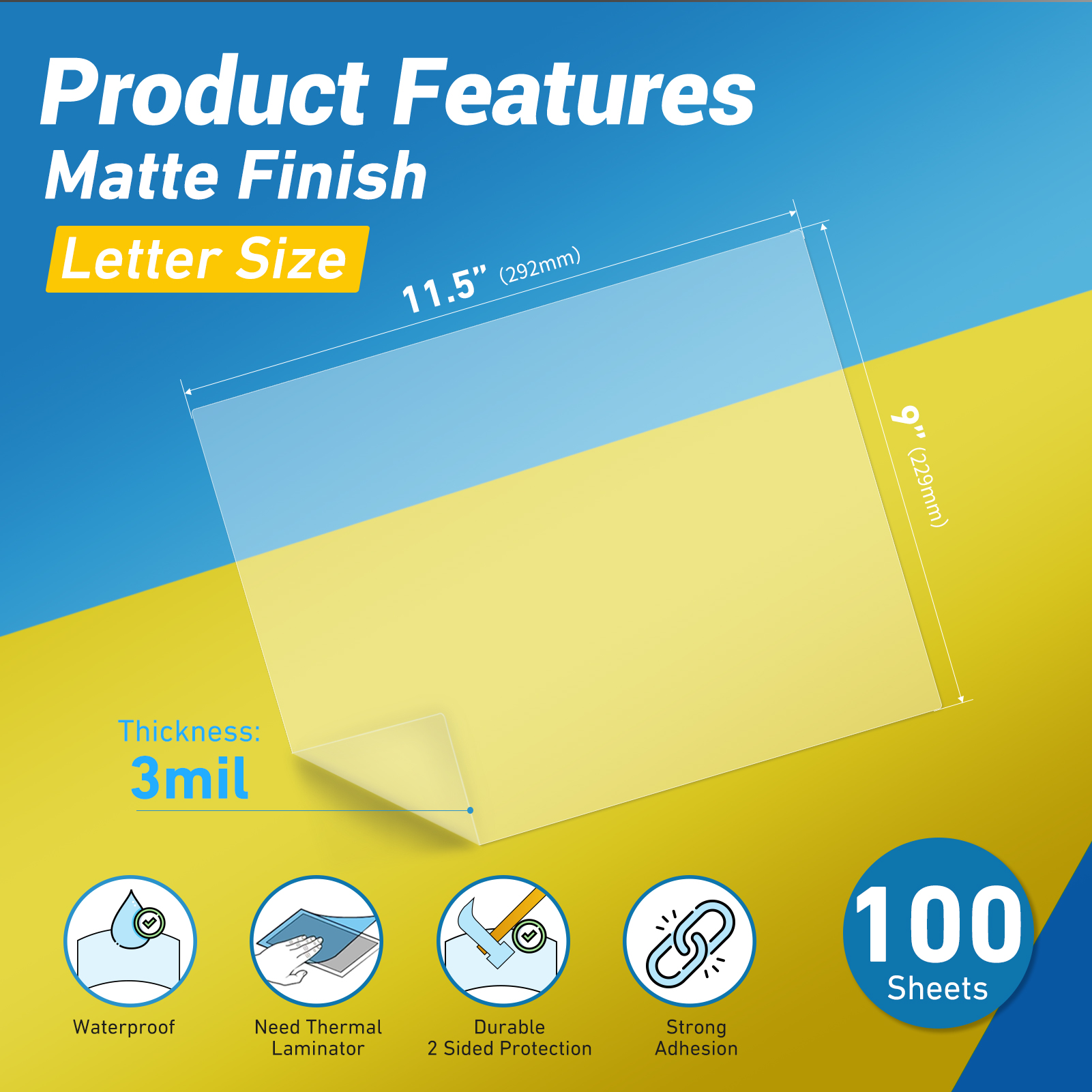 Uinkit Matte Thermal Laminating Pouches, 9 x 11.5 Inches 3 Mil Thick Matte Finish 30/50/100 Pack Fitted for Letter Size Laminating Sheets 8.5 x 11