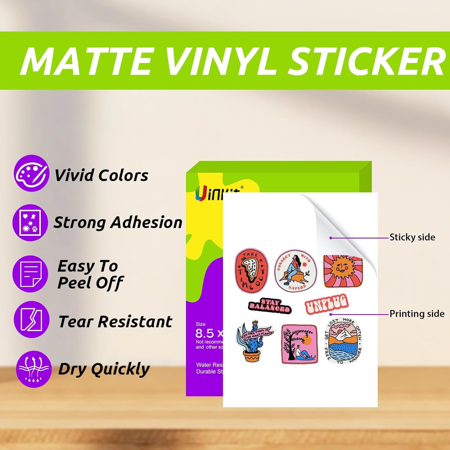 Uinkit 105 Sheets Printable Premium Matte White Vinyl Sticker Paper for Inkjet Printer, 8.5x11 Inches, Self-Adhesive, Waterproof, Work well with Cutting Machine US038