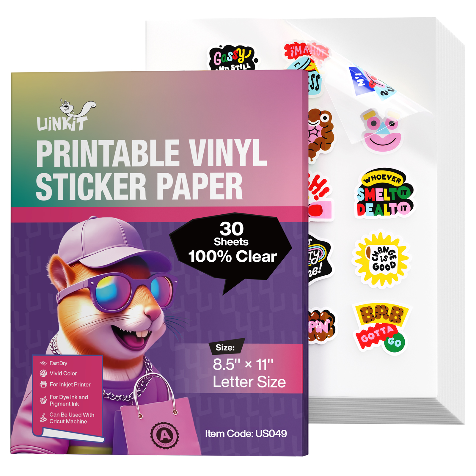 Uinkit 100% Clear Printable Vinyl Sticker Paper Letter Size 8.5"x11" Vivid Colors, Self-Adhesive 15 Sheets Labels for Product Packaging, Glass Jars & Custom DIY Sticker