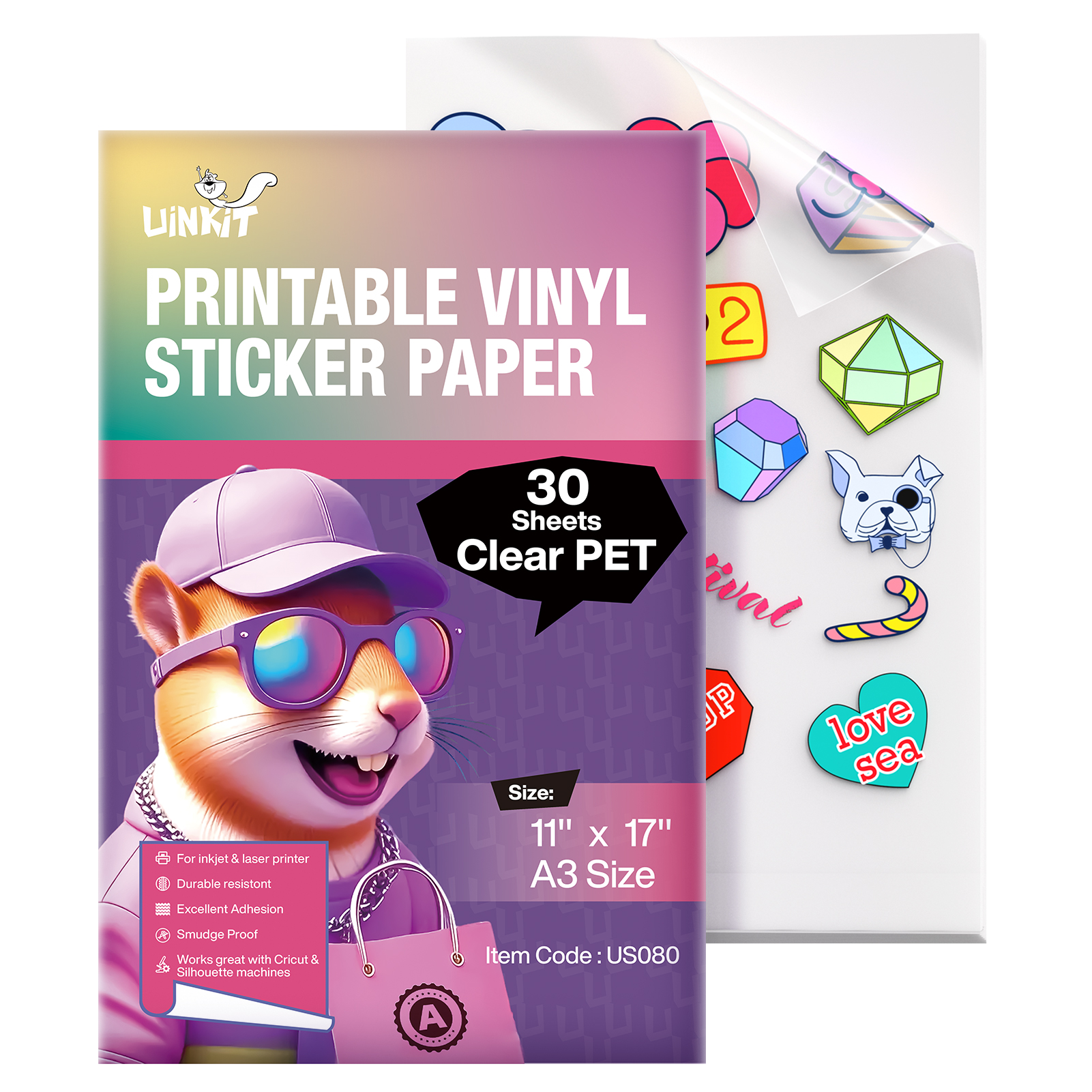 Uinkit 100% Clear Printable Vinyl Sticker Paper Letter Size 8.5"x11" Vivid Colors, Self-Adhesive Labels for Product Packaging, Glass Jars & Custom DIY Sticker