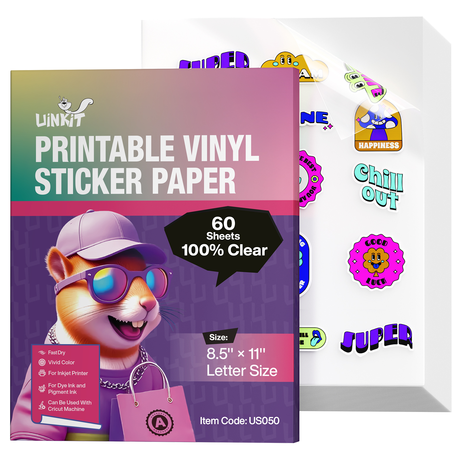 Uinkit 100% Clear Printable Vinyl Sticker Paper Letter Size 8.5"x11" Vivid Colors, Self-Adhesive 15 Sheets Labels for Product Packaging, Glass Jars & Custom DIY Sticker