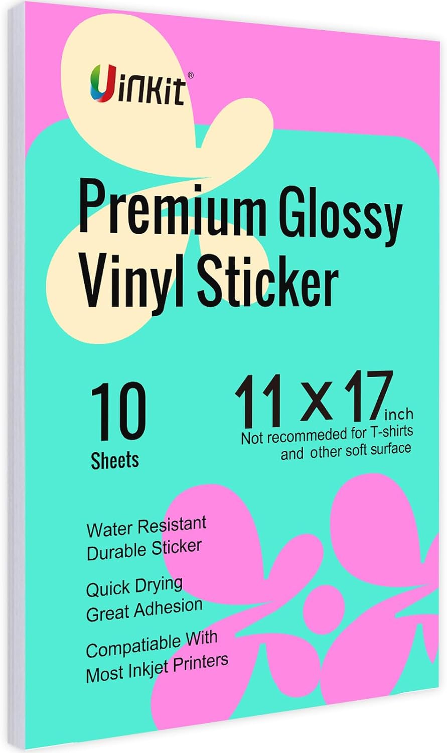 Uinkit Premium Vinyl Sticker for Inkjet Printer 11x17inch Glossy White Sticker Paper 10Sheets Waterproof Vivid Colors US035