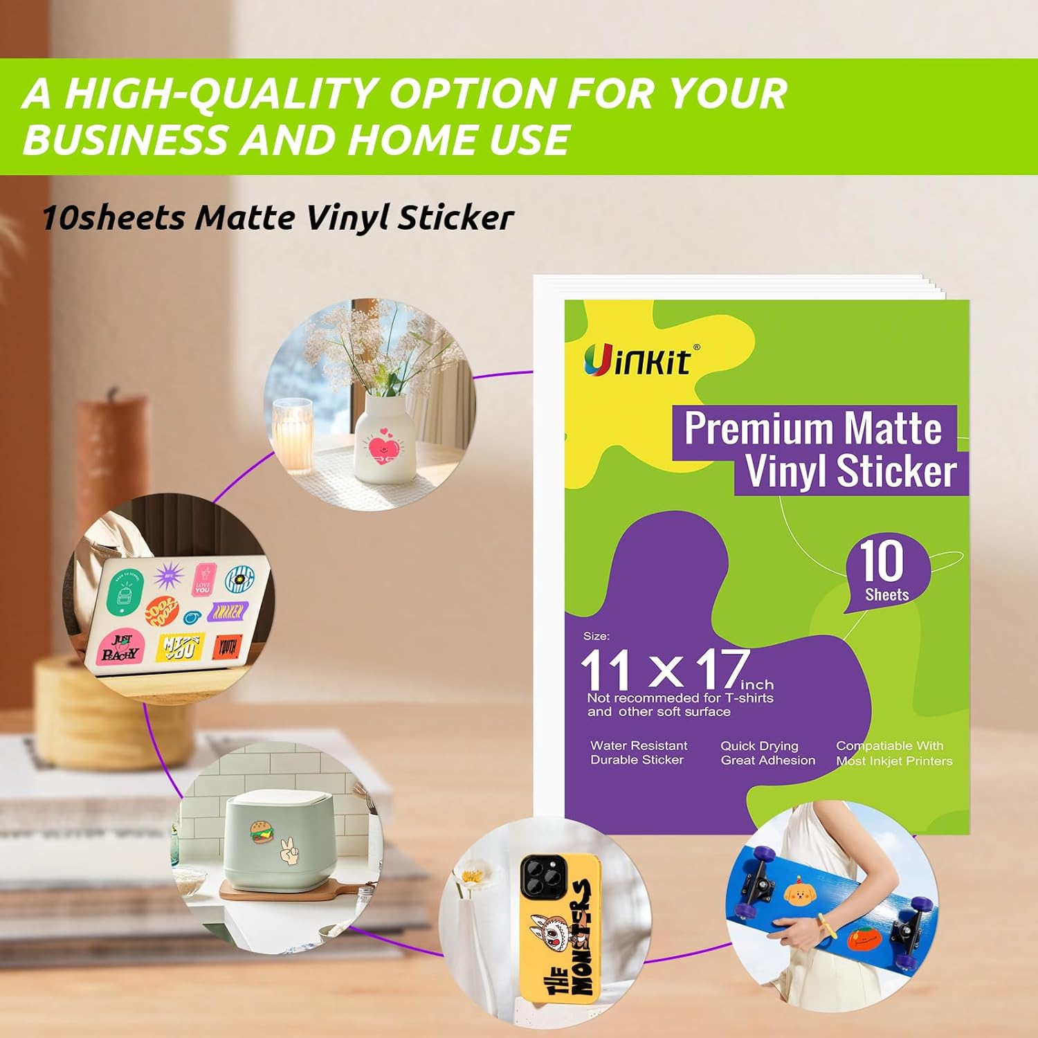 Uinkit Printable Premium  Vinyl Sticker for Inkjet Printer 11x17 inch 10Sheets  Matte White Sticker Paper Waterproof Adhesive Vivid Colors US036