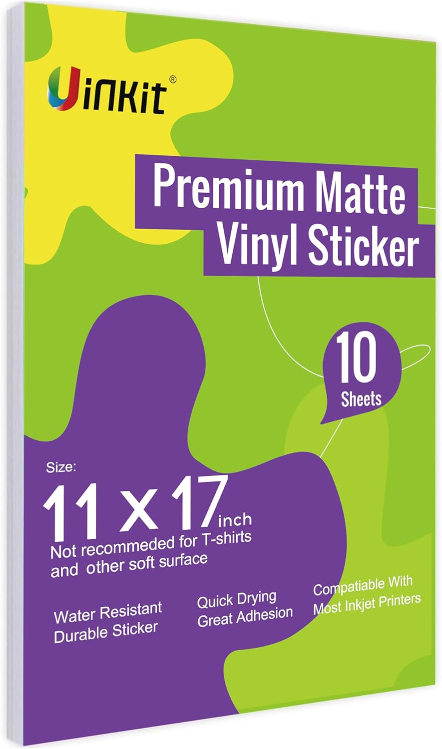 Uinkit Printable Premium  Vinyl Sticker for Inkjet Printer 11x17 inch 10Sheets  Matte White Sticker Paper Waterproof Adhesive Vivid Colors US036