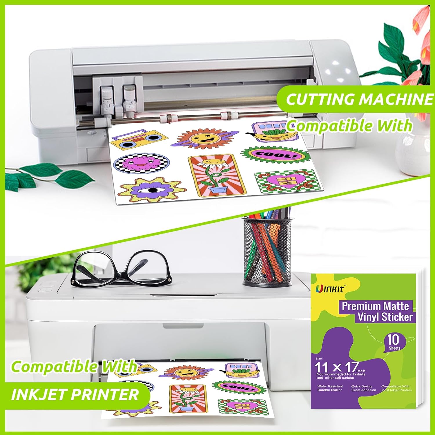Uinkit Printable Premium  Vinyl Sticker for Inkjet Printer 11x17 inch 10Sheets  Matte White Sticker Paper Waterproof Adhesive Vivid Colors US036