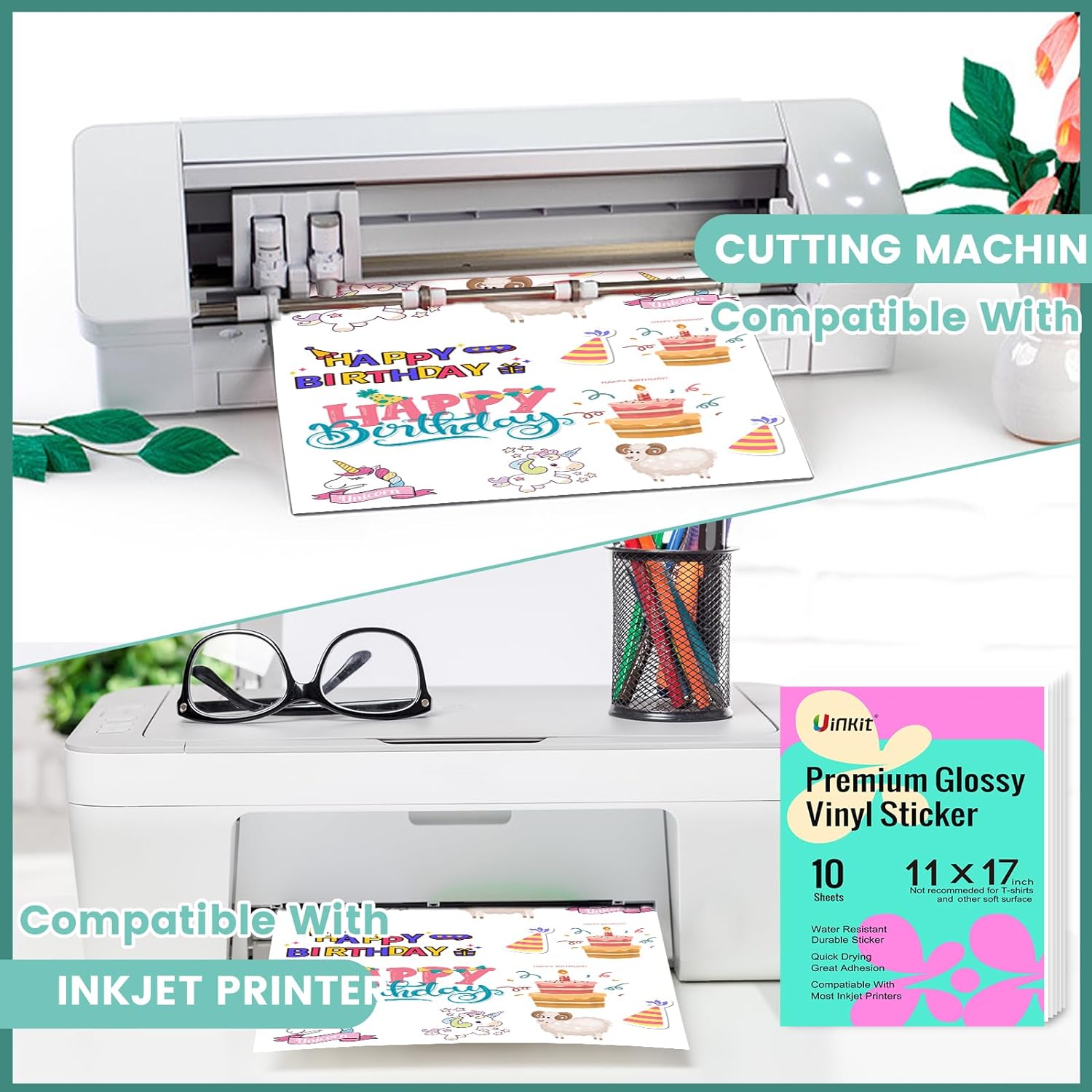 Uinkit Premium Vinyl Sticker for Inkjet Printer 11x17inch Glossy White Sticker Paper 10Sheets Waterproof Vivid Colors US035