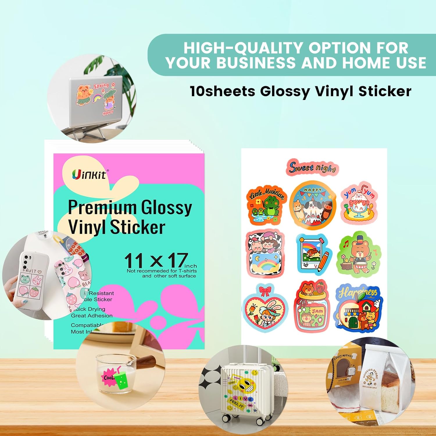 Uinkit Premium Vinyl Sticker for Inkjet Printer 11x17inch Glossy White Sticker Paper 10Sheets Waterproof Vivid Colors US035