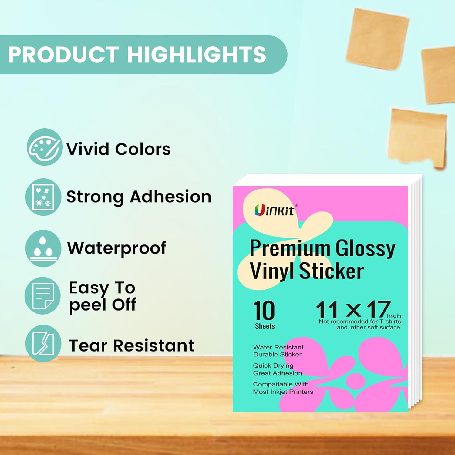Uinkit Premium Vinyl Sticker for Inkjet Printer 11x17inch Glossy White Sticker Paper 10Sheets Waterproof Vivid Colors US035