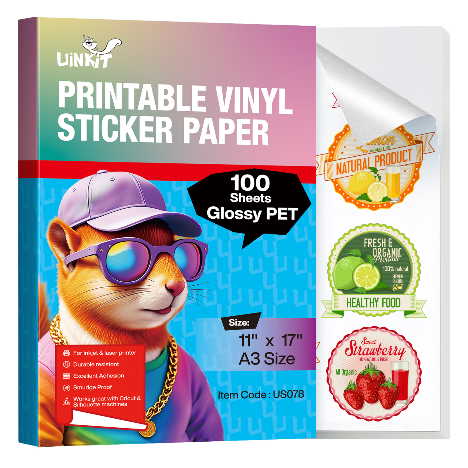 Uinkit Glossy PET Vinyl Sticker Paper Letter Size 8.5x11, Tear-Resistant & Waterproof, Inkjet/Laser Printers & Cricut, Small Business Labels, Crafts, Decals Sticker Making