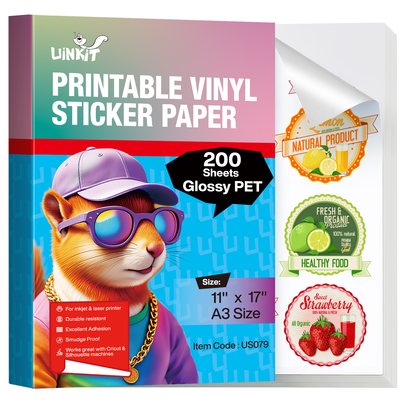 Uinkit Glossy PET Vinyl Sticker Paper Letter Size 8.5x11, Tear-Resistant & Waterproof, Inkjet/Laser Printers & Cricut, Small Business Labels, Crafts, Decals Sticker Making