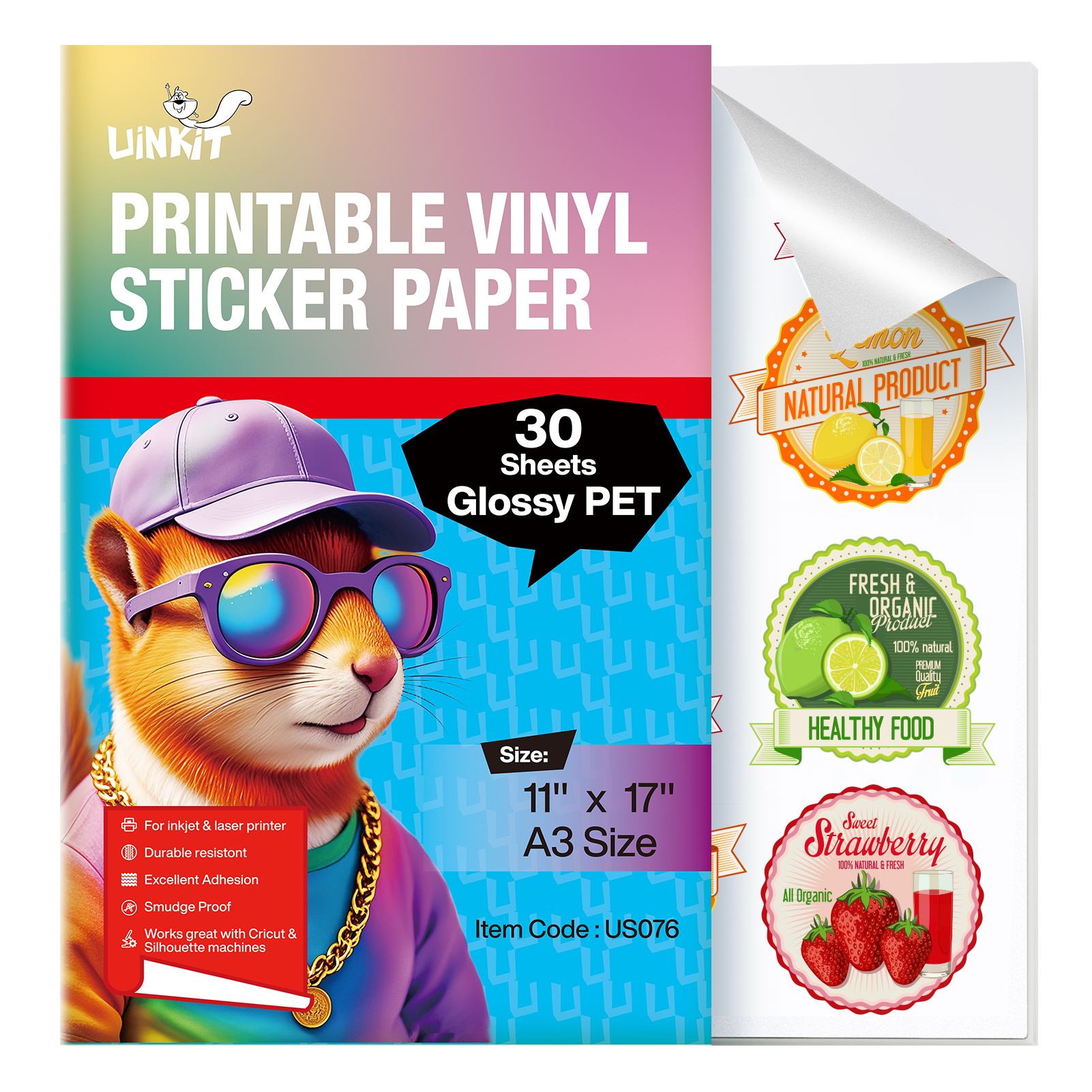 Uinkit Glossy PET Vinyl Sticker Paper Letter Size 8.5x11, Tear-Resistant & Waterproof, Inkjet/Laser Printers & Cricut, Small Business Labels, Crafts, Decals Sticker Making