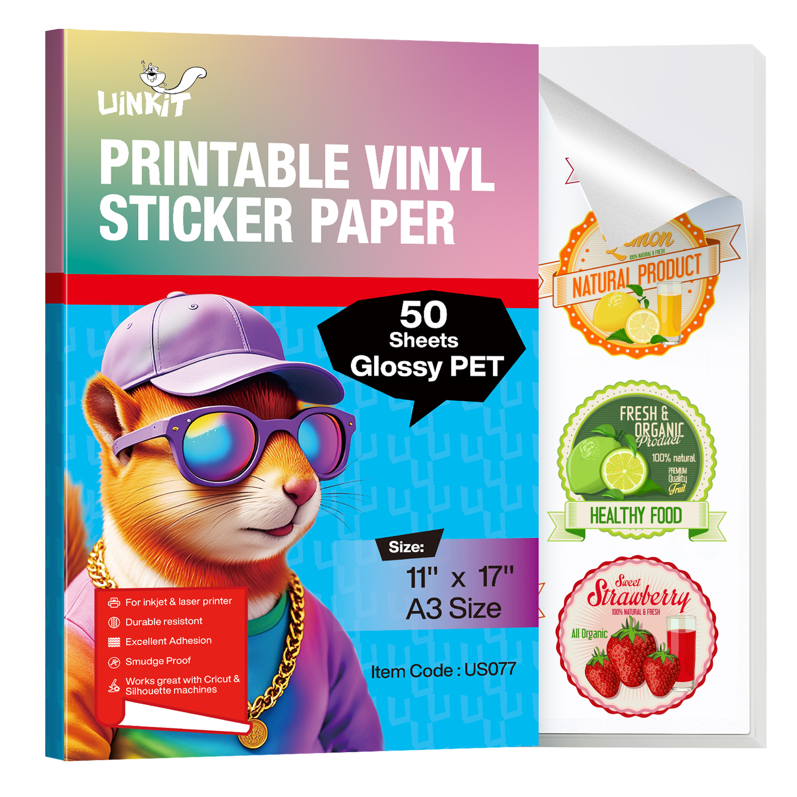 Uinkit Glossy PET Vinyl Sticker Paper Letter Size 8.5x11, Tear-Resistant & Waterproof, Inkjet/Laser Printers & Cricut, Small Business Labels, Crafts, Decals Sticker Making