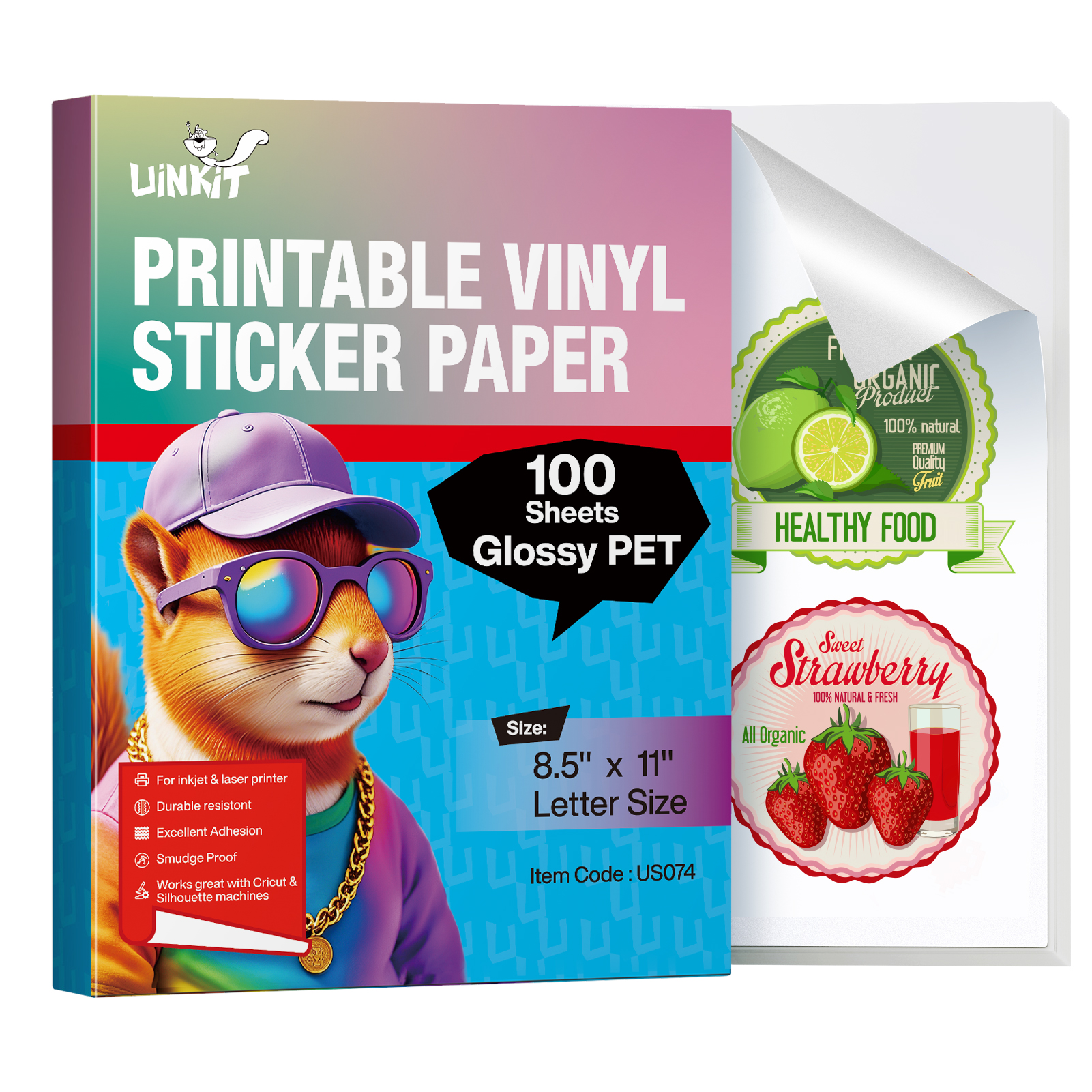 Uinkit Glossy PET Vinyl Sticker Paper Letter Size 8.5x11, Tear-Resistant & Waterproof, Inkjet/Laser Printers & Cricut, Small Business Labels, Crafts, Decals Sticker Making