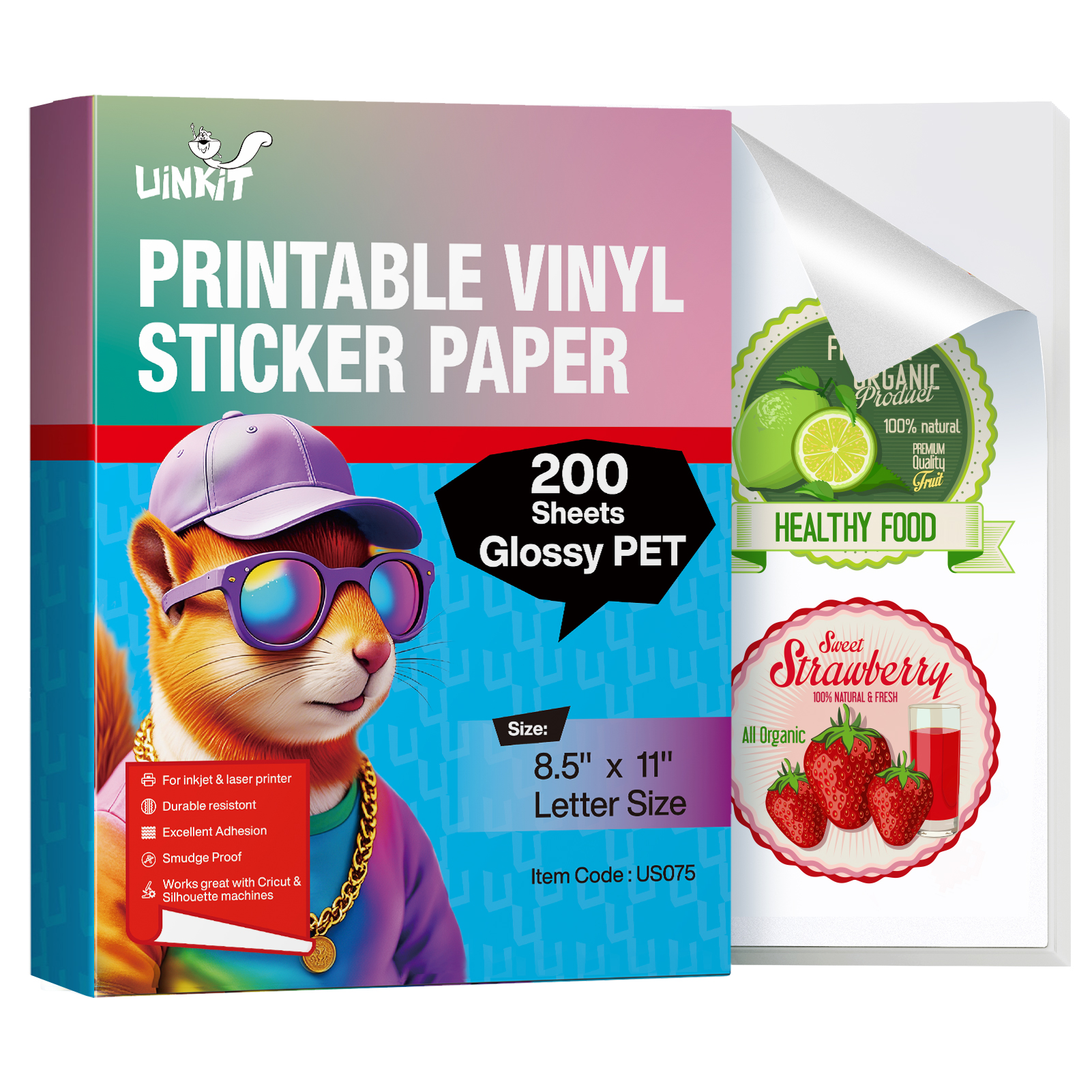 Uinkit Glossy PET Vinyl Sticker Paper Letter Size 8.5x11, Tear-Resistant & Waterproof, Inkjet/Laser Printers & Cricut, Small Business Labels, Crafts, Decals Sticker Making