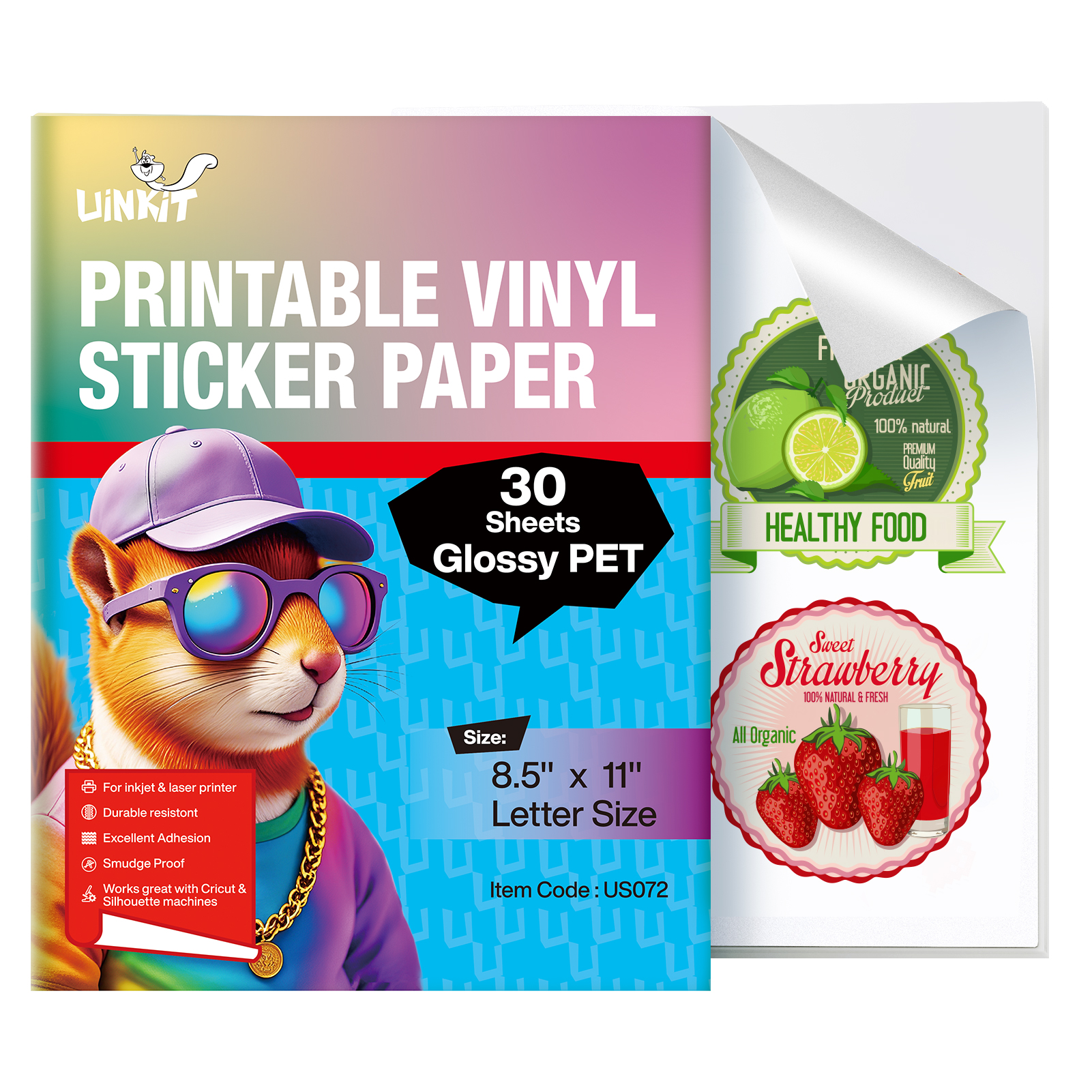 Uinkit Glossy PET Vinyl Sticker Paper Letter Size 8.5x11, Tear-Resistant & Waterproof, Inkjet/Laser Printers & Cricut, Small Business Labels, Crafts, Decals Sticker Making