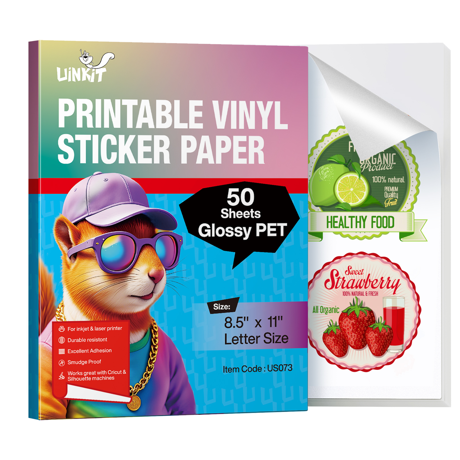 Uinkit Glossy PET Vinyl Sticker Paper Letter Size 8.5x11, Tear-Resistant & Waterproof, Inkjet/Laser Printers & Cricut, Small Business Labels, Crafts, Decals Sticker Making