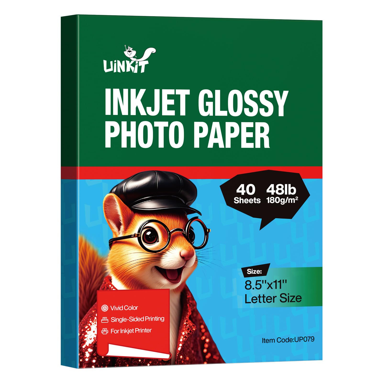Uinkit 48lb Glossy Inkjet Photo Paper, 8.5x11, 40 Sheets, 180gsm Bright white, single-sided, instant-dry paper for photos, reports, flyers, presentations, home crafts, and small print runs.