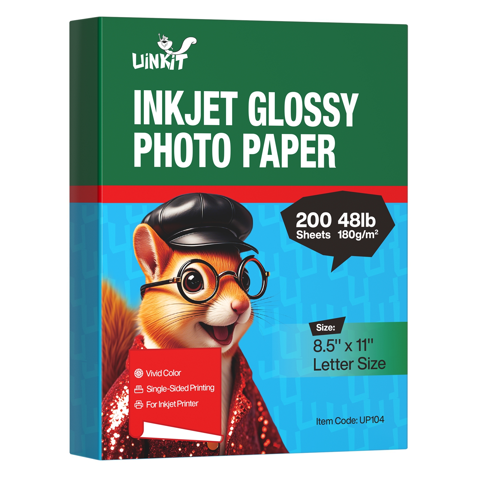 Uinkit 48lb Glossy Inkjet Photo Paper, 8.5x11, 40 Sheets, 180gsm Bright white, single-sided, instant-dry paper for photos, reports, flyers, presentations, home crafts, and small print runs.