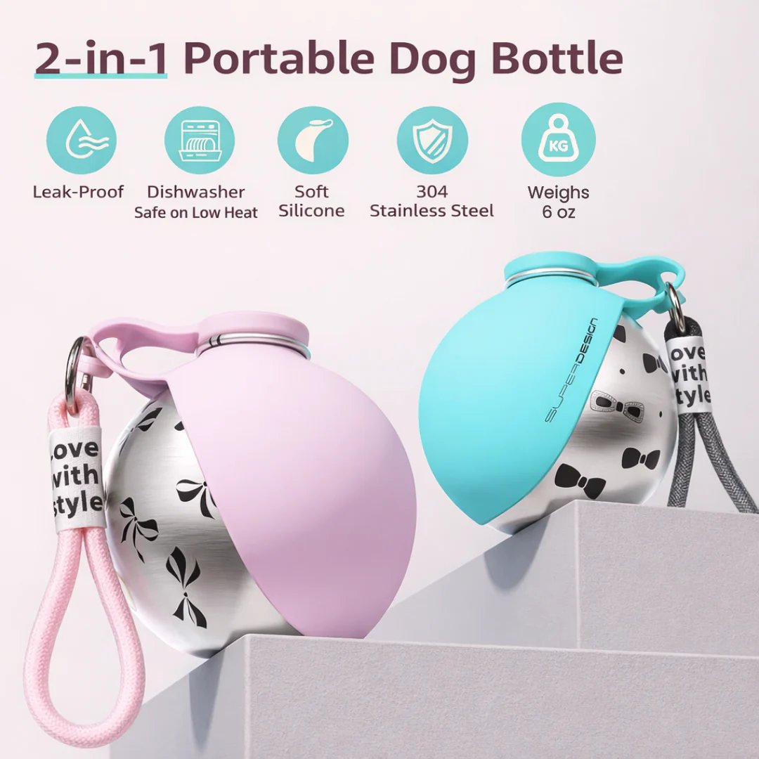 💪 SELLING FAST! 49% OFF 🐾 2-in-1 Stainless Steel Portable Dog Travel Bottle & Bowl