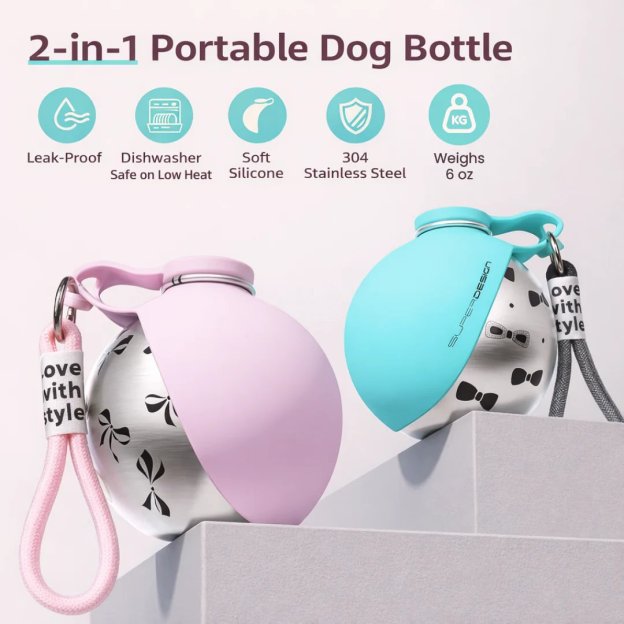 💪 SELLING FAST! 49% OFF 🐾 2-in-1 Stainless Steel Portable Dog Travel Bottle & Bowl