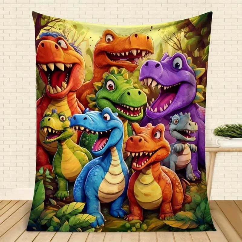 Cute Smiling Dinosaurs HD Digital Print Flannel Blanket