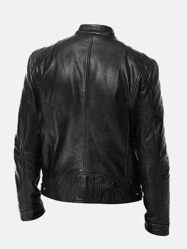 Stand Collar Zipper Cardigan Pocket PU Leather Jacket Jackets coofandystore