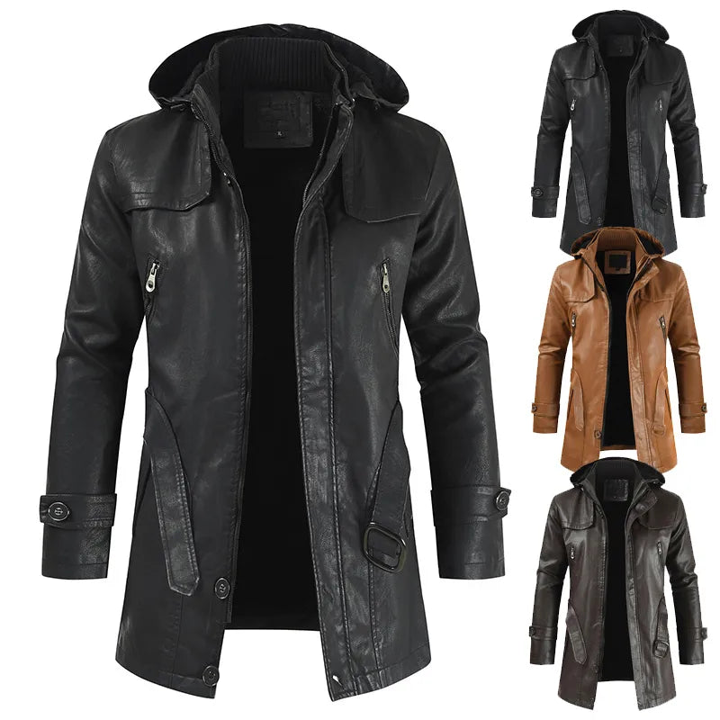 2023 Winter Men's Leather Motorcycle Leather Korean Fashion Jacket Coat Windproof Clothes Men's Hooded Medium Long