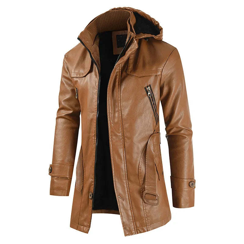 2023 Winter Men's Leather Motorcycle Leather Korean Fashion Jacket Coat Windproof Clothes Men's Hooded Medium Long