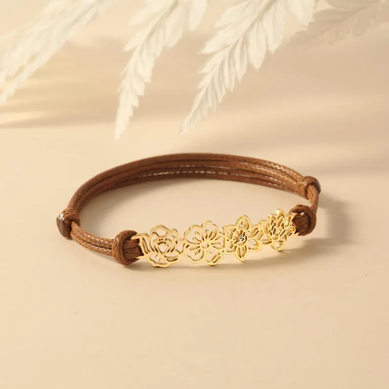 Custom 1-8 Birth Flowers Leather Bracelet