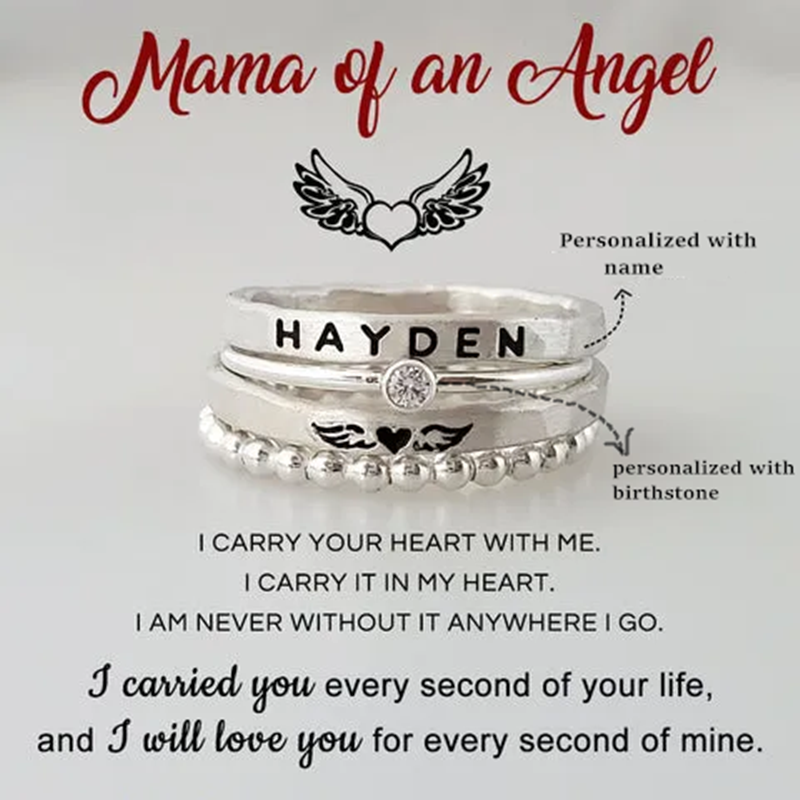 FOR MEMORIAL - MAMA OF AN ANGEL WINGS STACKED CUSTOM RING