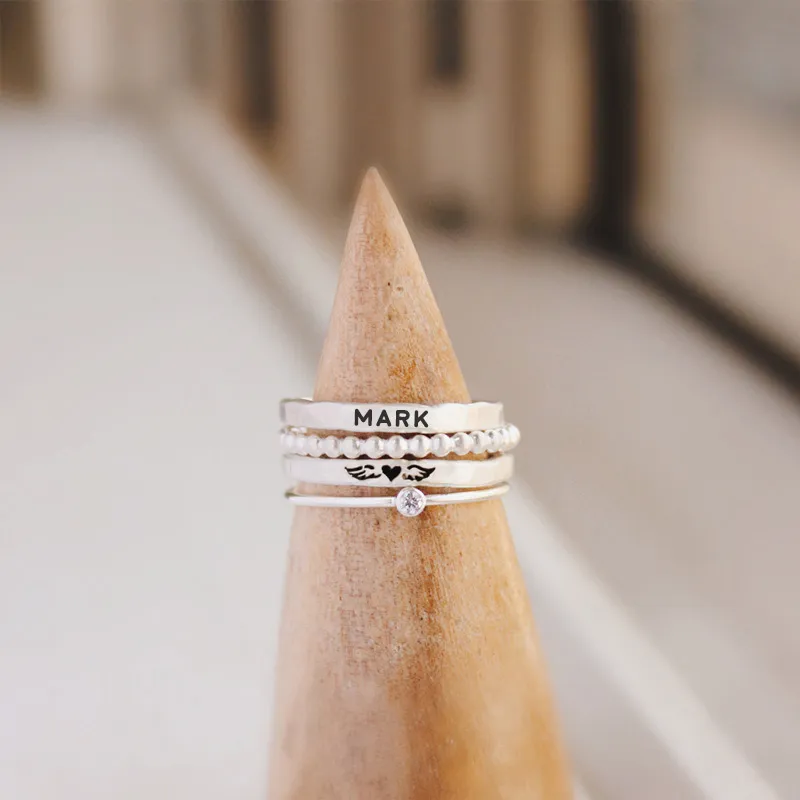 FOR MEMORIAL - MAMA OF AN ANGEL WINGS STACKED CUSTOM S925 SILVER RING