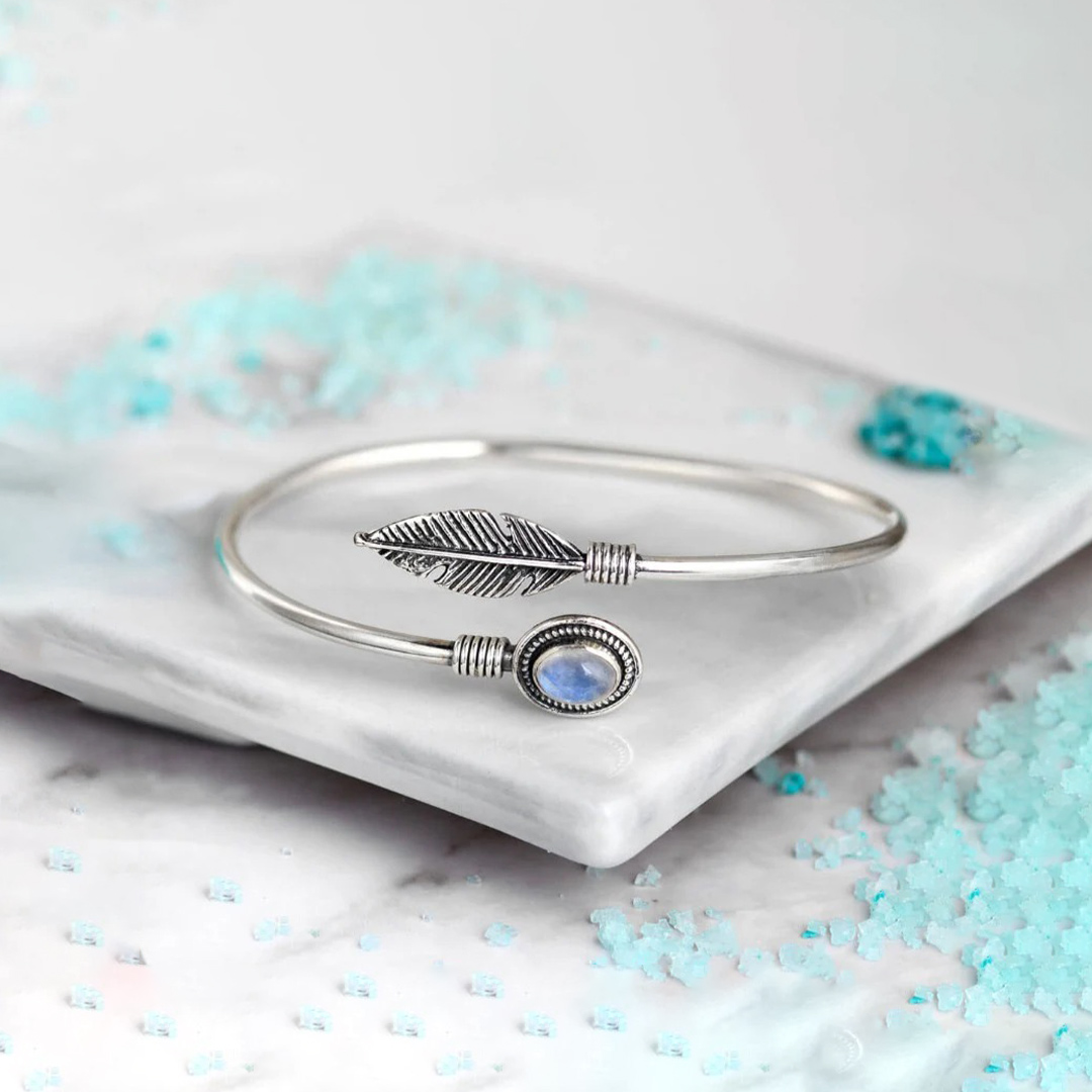Feather Moonstone Bangle Bracelet