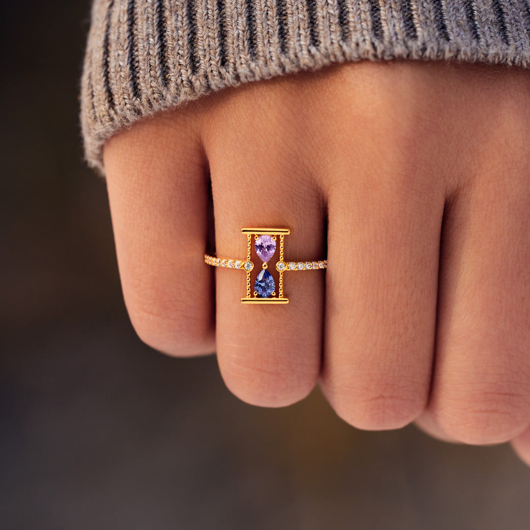 Love Remains Hourglass Double Birthstone Ring